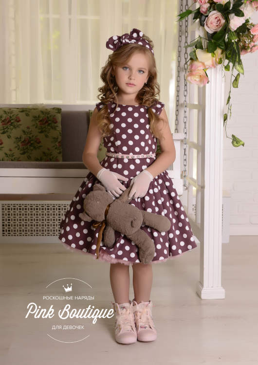 Платье "Амели" в комплекте: пояс, сумочка, ободок арт.00198 какао в горох