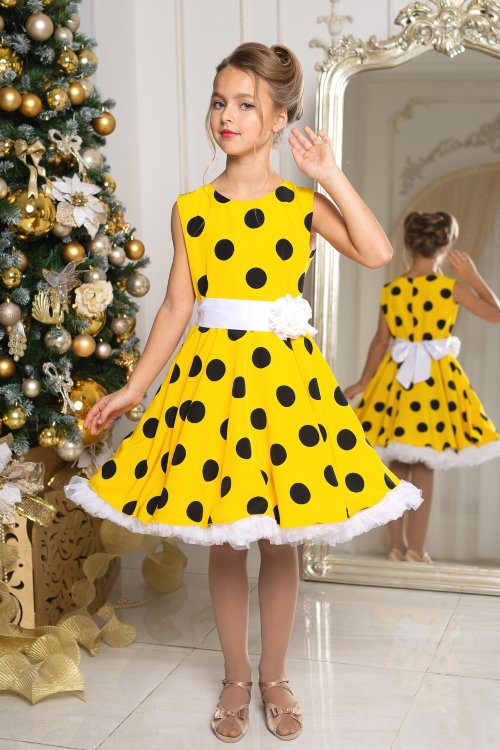 Платье в горох "Мари" (Б2) в стиле стиляги арт.024 желтый/чер.горох/белый