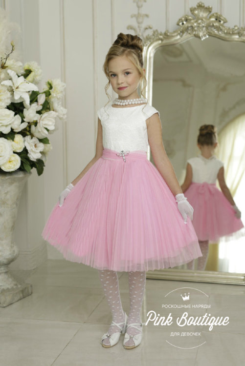 Платье праздничное "Марсия" плиссе арт.302 белый/розовый