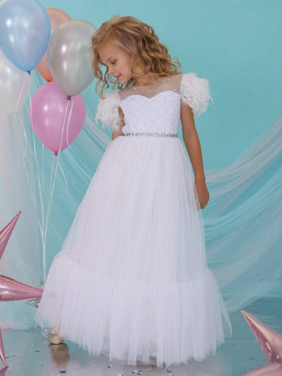 Платье празничное LULU c перышками "Ангелина" арт.00191 белое
