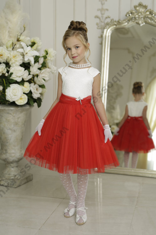 Платье праздничное "Марсия" плиссе арт.302 белый/красный