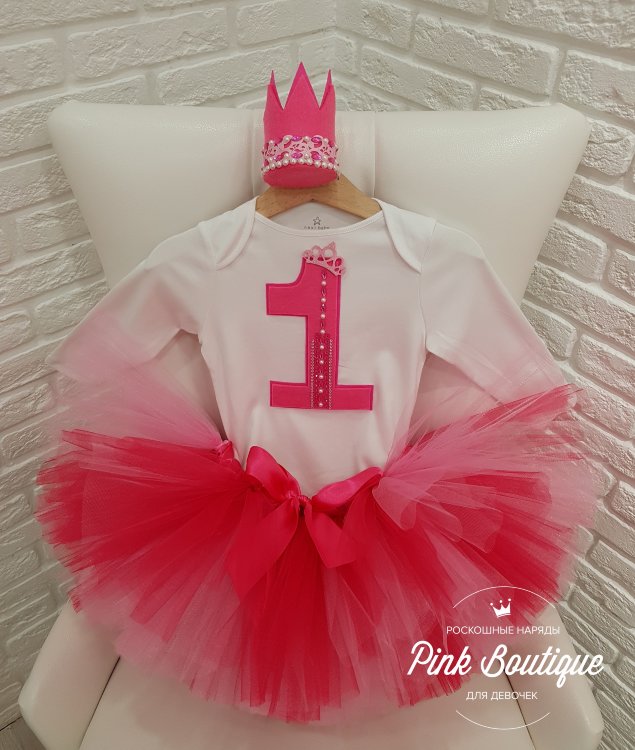 SALE! Праздничный комплект: пышная юбка+боди+повязка "Пинк" белый/розовый мультиколор 