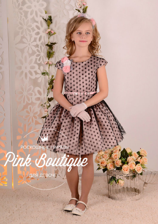 Платье "Мирэль" в комплекте: перчатки, обод, пояс, персиковый в горошек арт.LS-052