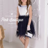 Платье "Хейли" в комплекте: жакет, сумочка, ободок, поясок, брошь арт.00115 син/молочный 
