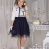 Платье "Хейли" в комплекте: жакет, сумочка, ободок, поясок, брошь арт.00115 син/молочный 