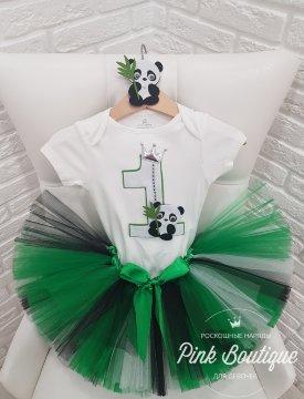 SALE! Праздничный комплект "Панда": пышная юбка+боди+ повязка на голову белый/мультиколор