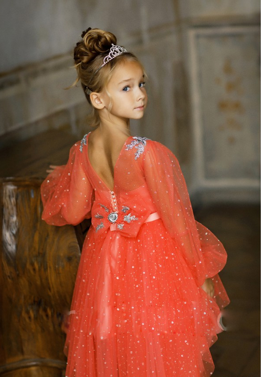 Платье праздничное со шлейфом "Рона" арт.0329 коралловый