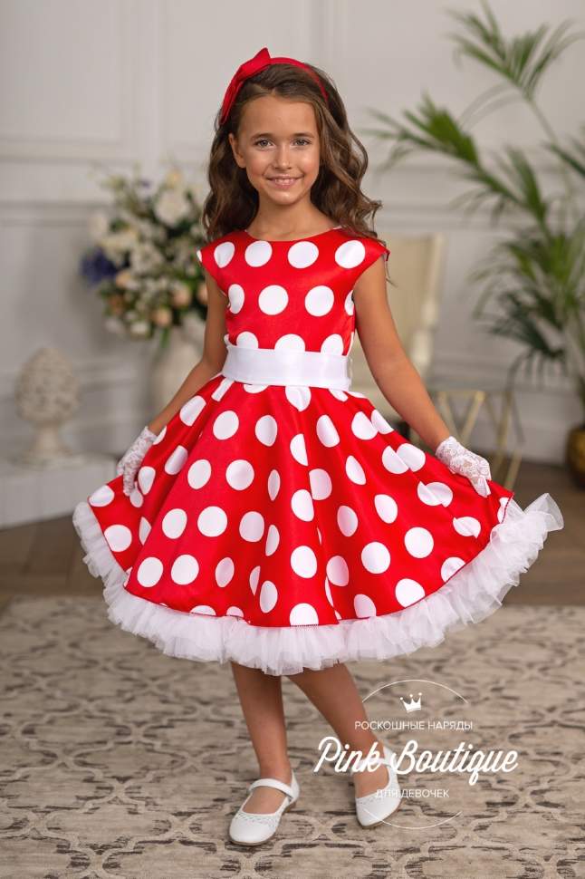 Пышное красное платье в горошек для девочки 2-7 лет