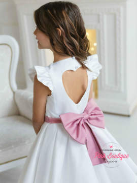  Платье атласное Pink Marie "Кэри" арт.00219 молочное с брусничным бантом