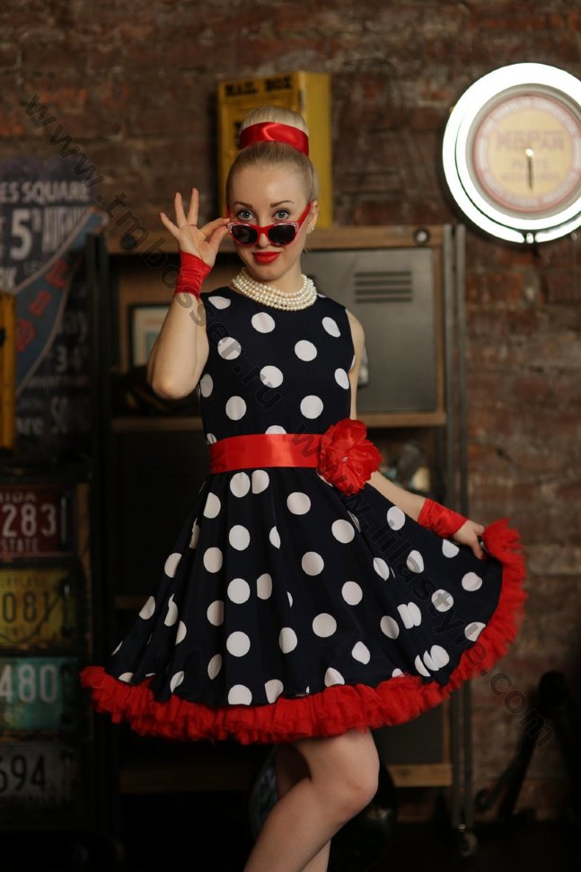 Платье Lila Style "Одри" в ретро-стиле "Стиляги" арт.LS-080 синий/бел. горох /красный
