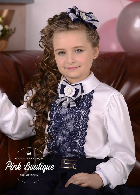 Блузка школьная "Фелиса" арт.00170 белая/кружево синее