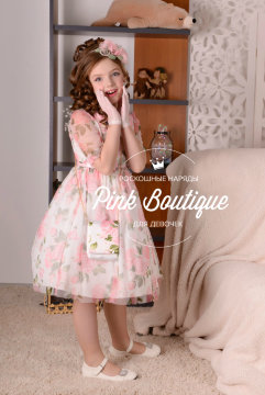Платье "Стефания" принт роза, в комплекте: ободок, перчатки, сумочка,  арт.LS-063