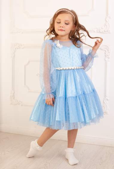  Нарядное платье "Мирабелла" в комплекте, ободок, ремешок, сумочка арт.8045 голубой