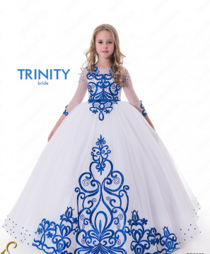 Платье бальное с рукавом "Лаура" арт.0320-А белый-синий