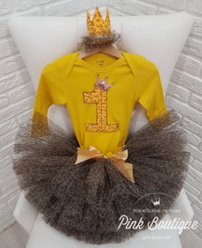 SALE! Праздничный комплект: пышная юбка+боди+ повязка на голову "Леопардик" горчичный
